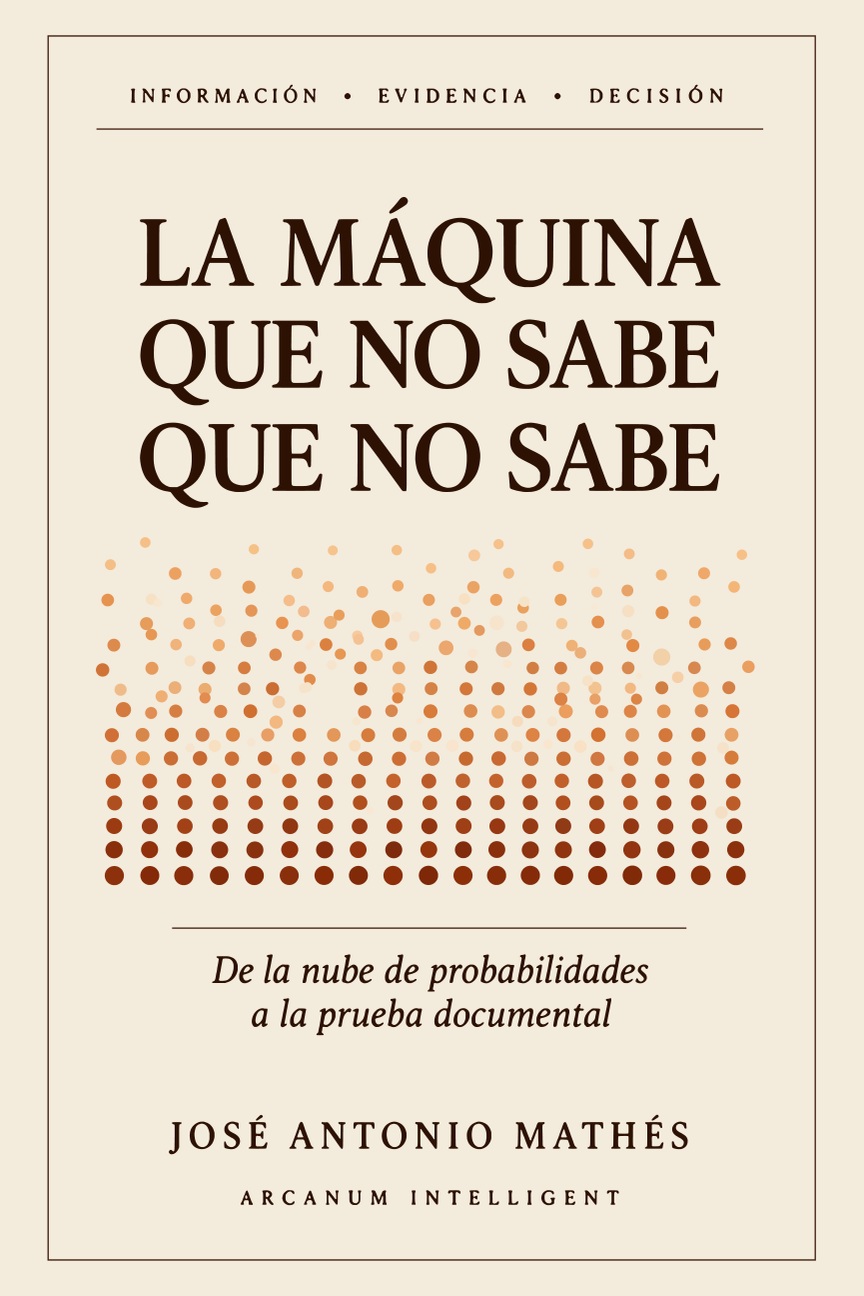 Portada de La máquina que no sabe que no sabe, de José Antonio Mathés: una nube de puntos se ordena en una trama sobre fondo marfil.